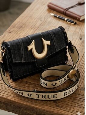 True Religion New Black Denim Flap Crossbody Bag Gold Horseshoe Frayed Fringe